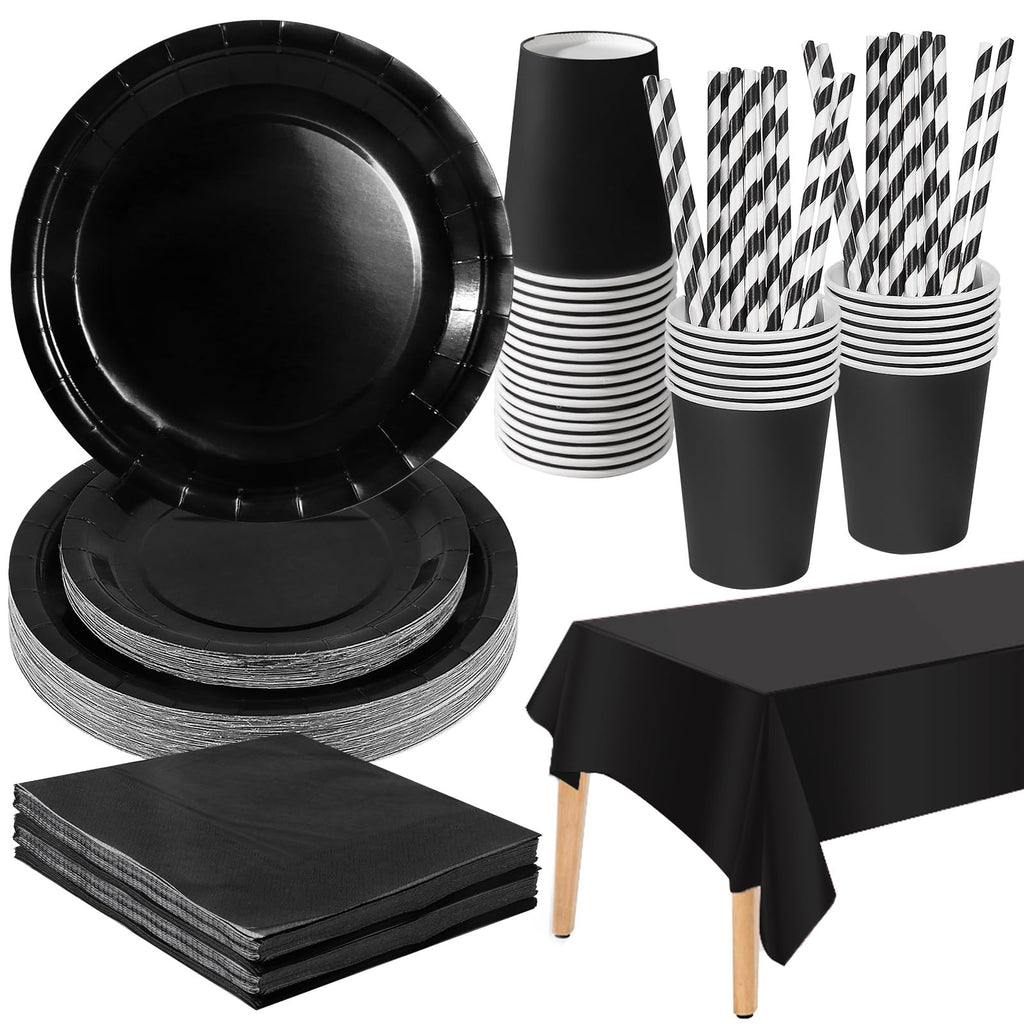 PYAILI 121 Pcs Black Party Tableware Set, Paper Plates Cups Napkins Tablecloth, Dinnerware Set for Kids Adult Birthday,Wedding,Baby Shower Party Tableware