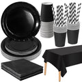 PYAILI 121 Pcs Black Party Tableware Set, Paper Plates Cups Napkins Tablecloth, Dinnerware Set for Kids Adult Birthday,Wedding,Baby Shower Party Tableware