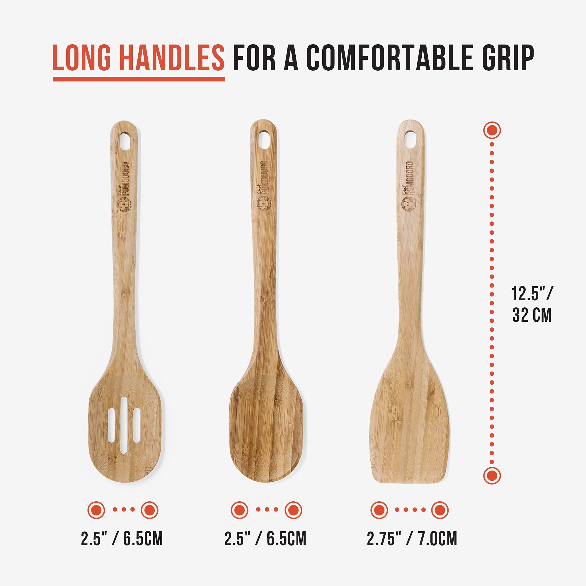 Chef Pomodoro Wooden Cooking Utensils Set 3-Piece, Bamboo | Large 12.5-Inch Wooden Spoons for Cooking, Spatula, Slotted Spoon | Pan Kitchen Frying Set