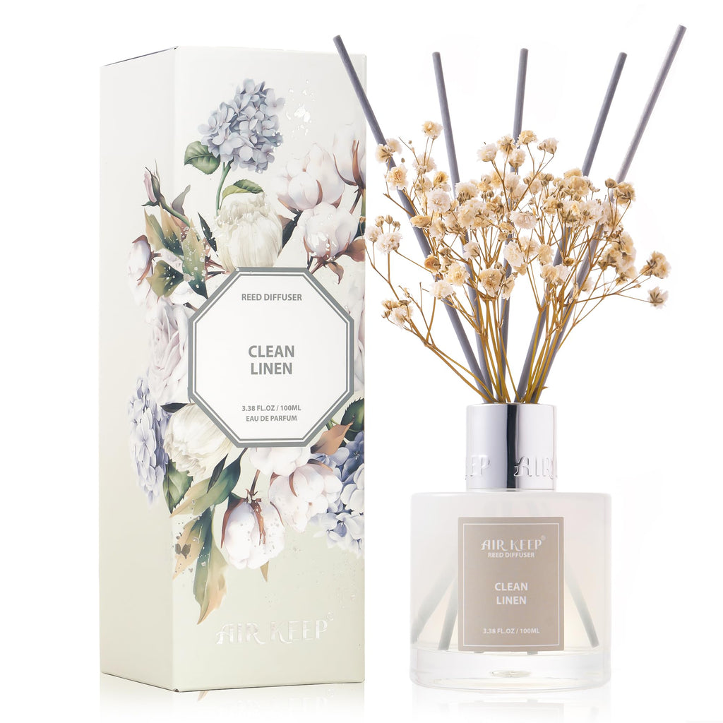 Airkeep Reed Diffuser Set,3.38 fl oz (100 ml) - Clean Linen Oil Diffusers with 8 Reed Sticks,Home Fragrance for Bathroom Shelf Decor