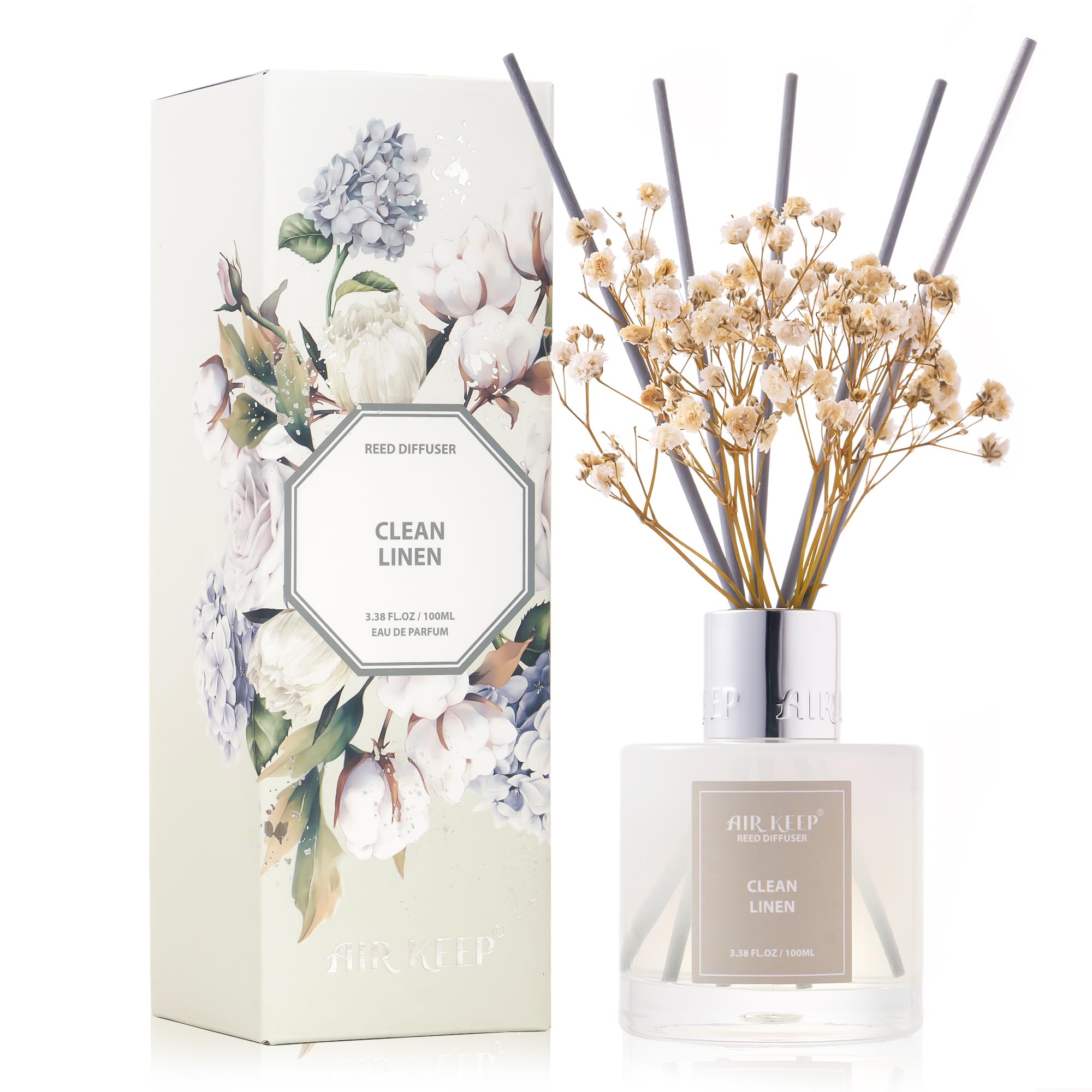 Airkeep Reed Diffuser Set,3.38 fl oz (100 ml) - Clean Linen Oil Diffusers with 8 Reed Sticks,Home Fragrance for Bathroom Shelf Decor