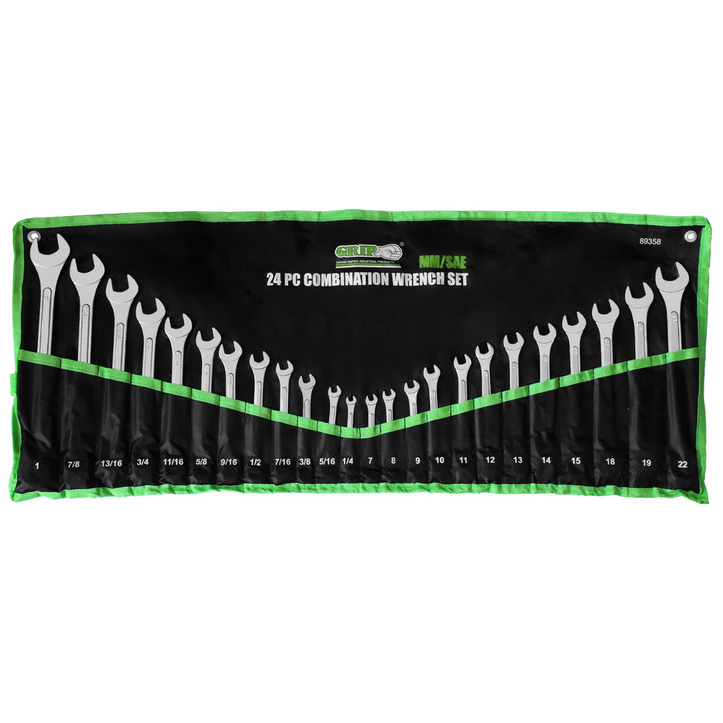 Grip 24 pc All-Purpose Master Combination Wrench Set MM/SAE - Metric 7mm to 22mm - SAE 1/4” to 1" - Roll-up Pouch - General Household, Garage, Auto Repairs, Cars, Trucks, Boat