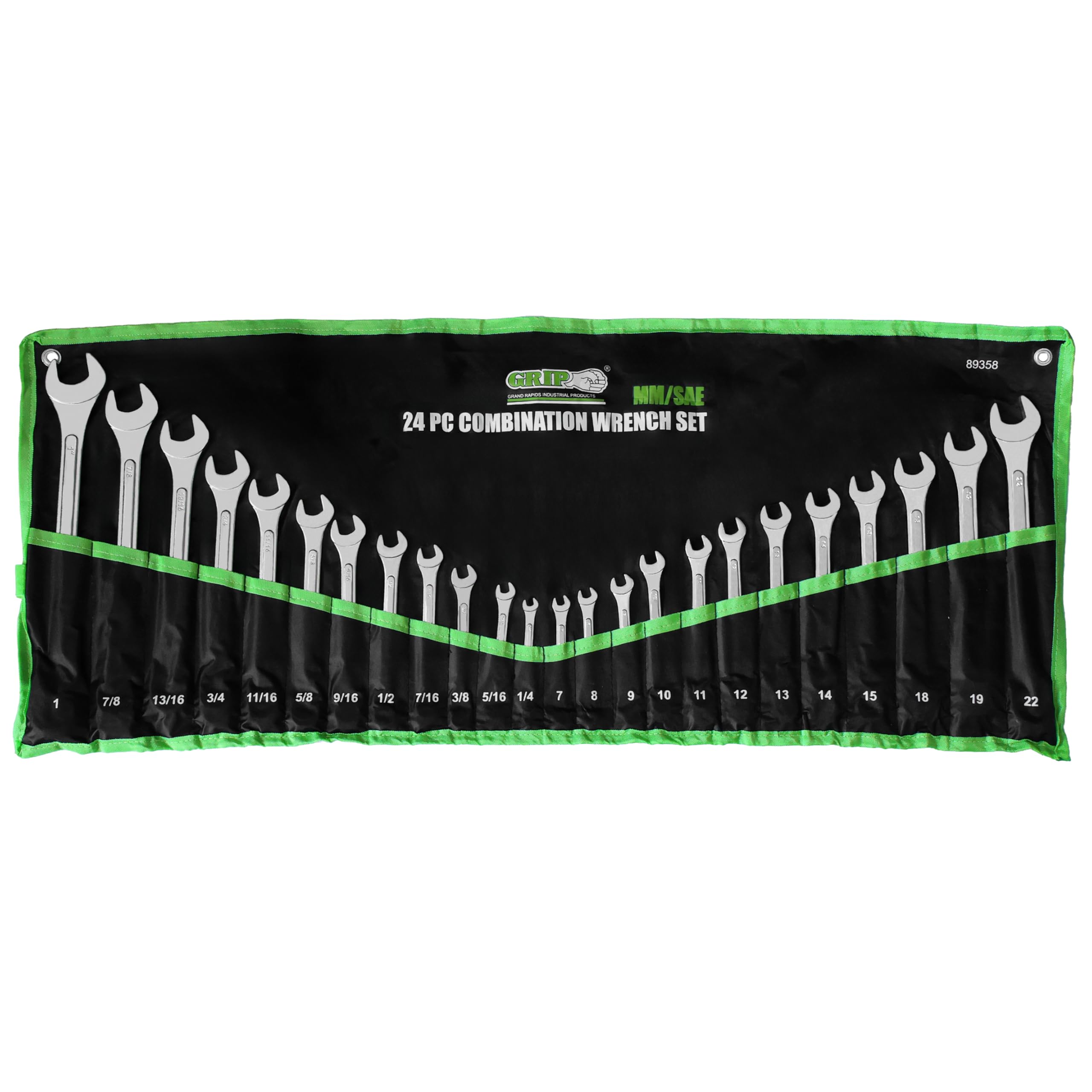 Grip 24 pc All-Purpose Master Combination Wrench Set MM/SAE - Metric 7mm to 22mm - SAE 1/4” to 1" - Roll-up Pouch - General Household, Garage, Auto Repairs, Cars, Trucks, Boat