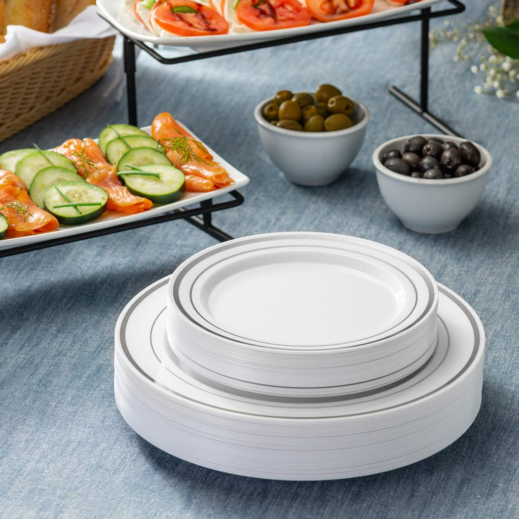 SETUP [60 Piece] Combo White Silver Rimmed Plates, Disposable Plates for Party - Premium Heavy-Duty Wedding Plates, 30 Disposable 10.25" Dinner Plates and 30 Disposable 7.5" Salad Plates