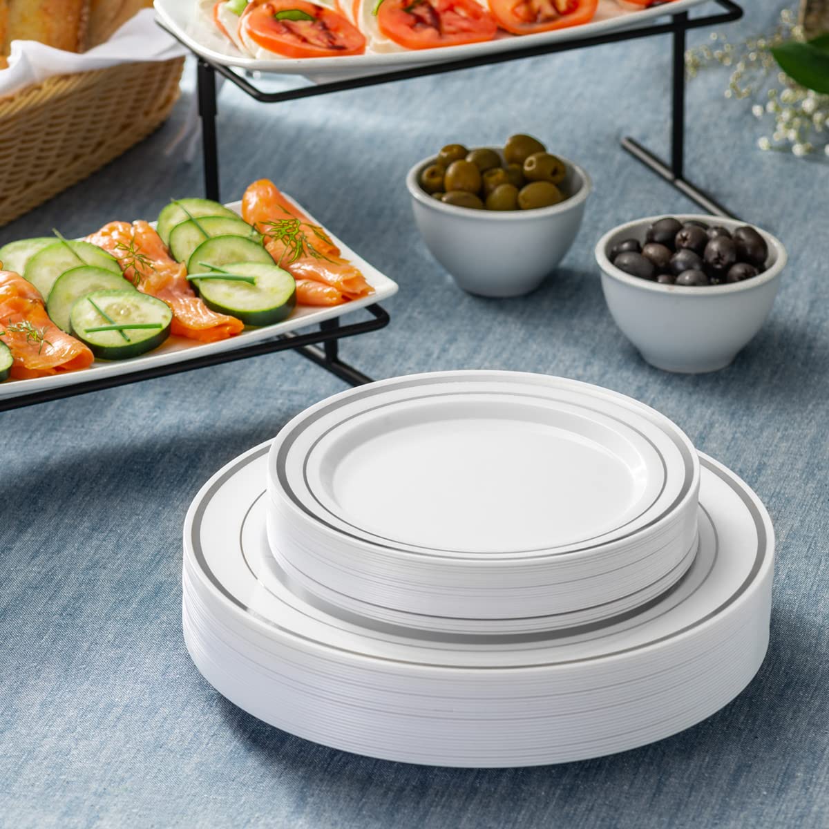 SETUP [60 Piece] Combo White Silver Rimmed Plates, Disposable Plates for Party - Premium Heavy-Duty Wedding Plates, 30 Disposable 10.25" Dinner Plates and 30 Disposable 7.5" Salad Plates