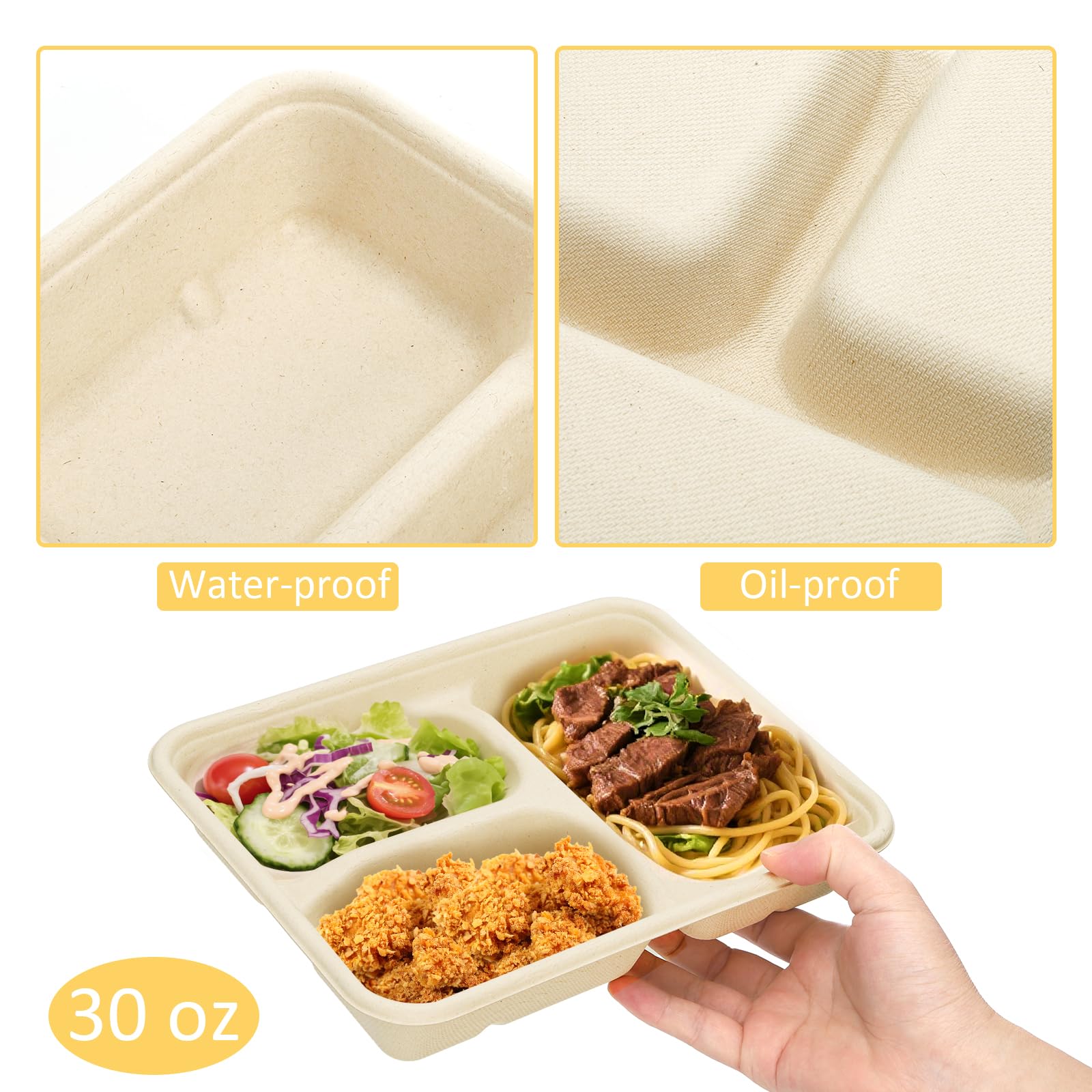 Yesland 100 Pack Compostable Paper Plates, Natural Sugarcane 3 Compartment Plate, Heavy Duty Lunch Tray, Disposable Divided Sectional Trays, Microwave Freezer Safe for Party School