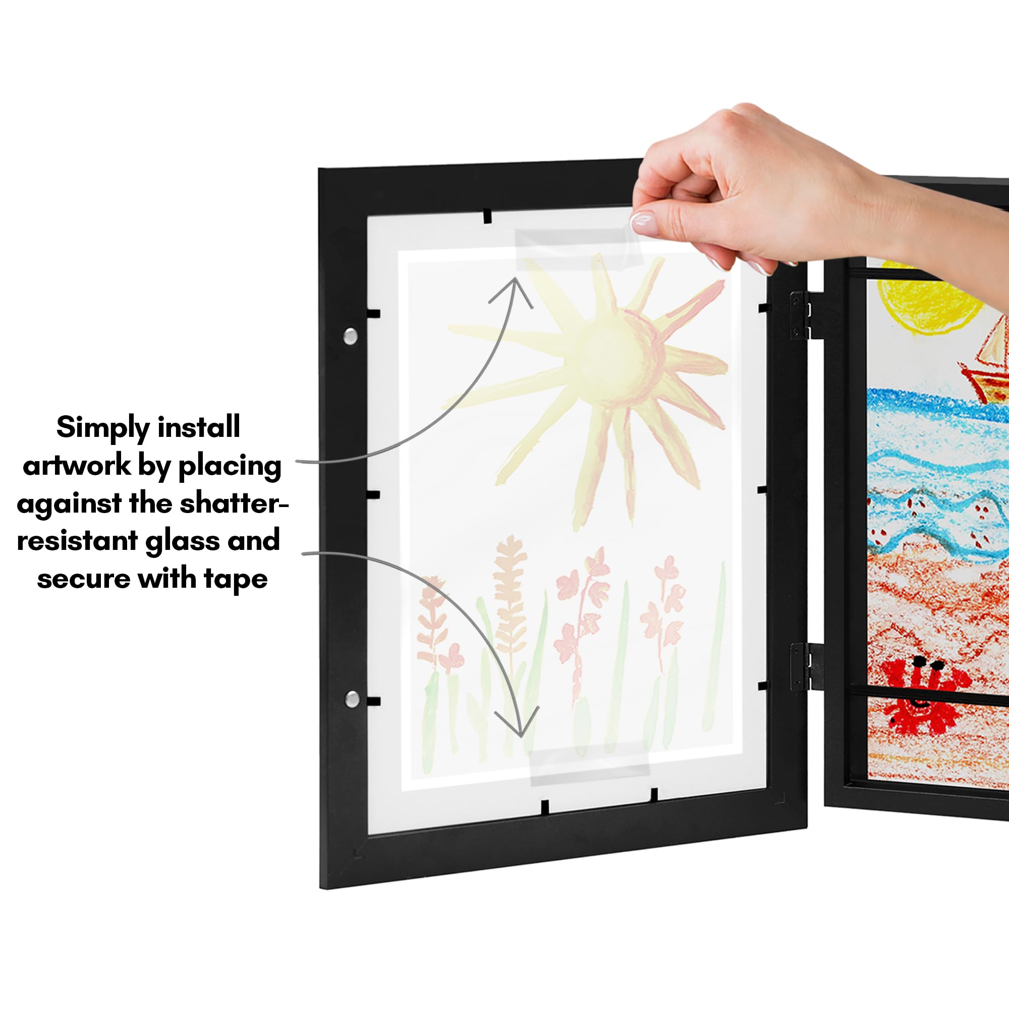 Americanflat Kids Artwork Frame Changeable (Black) - Magnetic Door Holds 100 Art Pieces - 8.5x11 Letter Size Display with Mat or 10x12.5 Without Mat - My Mini Masterpiece
