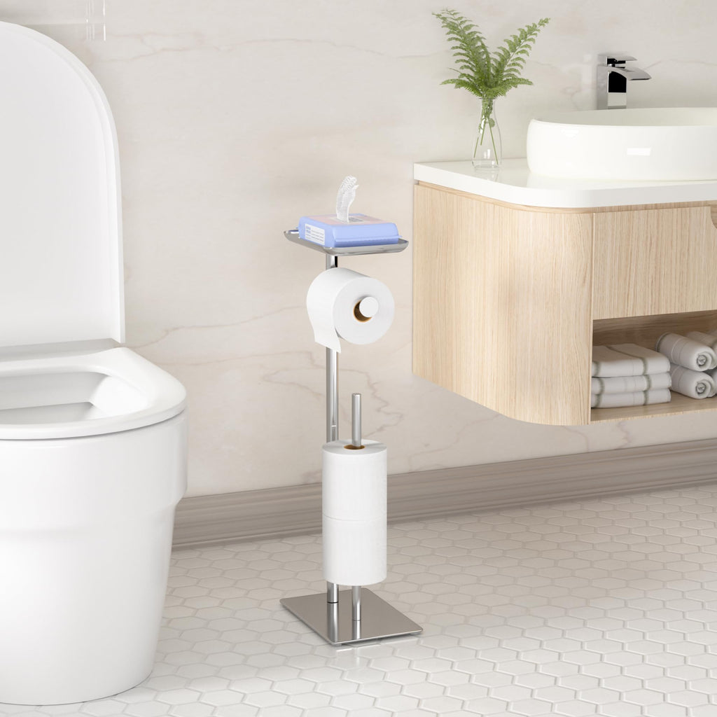 Toilet Paper Holder Stand with Top Storage Shelf, Silver Toilet Paper Roll Holder Free Standing, Floor Standing Toilet Roll Dispenser Storages 4 Reserve Rolls, CAA75CH046