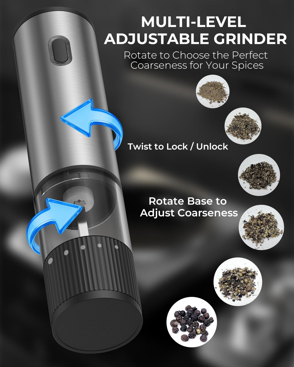 Salt and Pepper Grinder Set, Automatic Salt and Pepper Grinder, USB-C Rechargeable with 5 Adjustable Coarseness, One Hand Operation