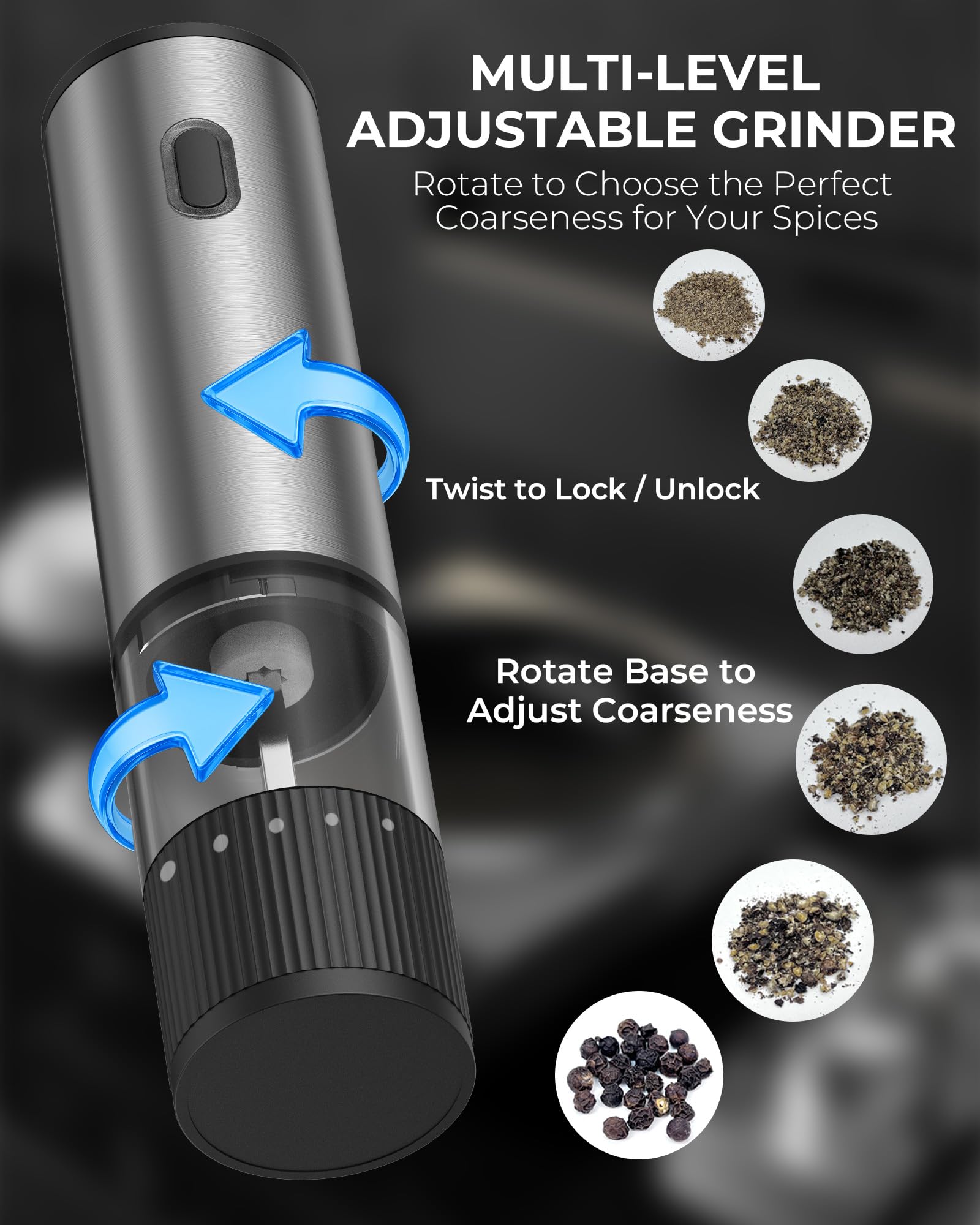 Salt and Pepper Grinder Set, Automatic Salt and Pepper Grinder, USB-C Rechargeable with 5 Adjustable Coarseness, One Hand Operation