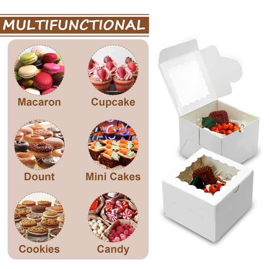 XINHPKGG 50pcs Cookie Boxes 4x4x2.5 Inch Bakery Boxes with Window Treat Box Dessert Box for Wedding Favors Party Mother's Day - White