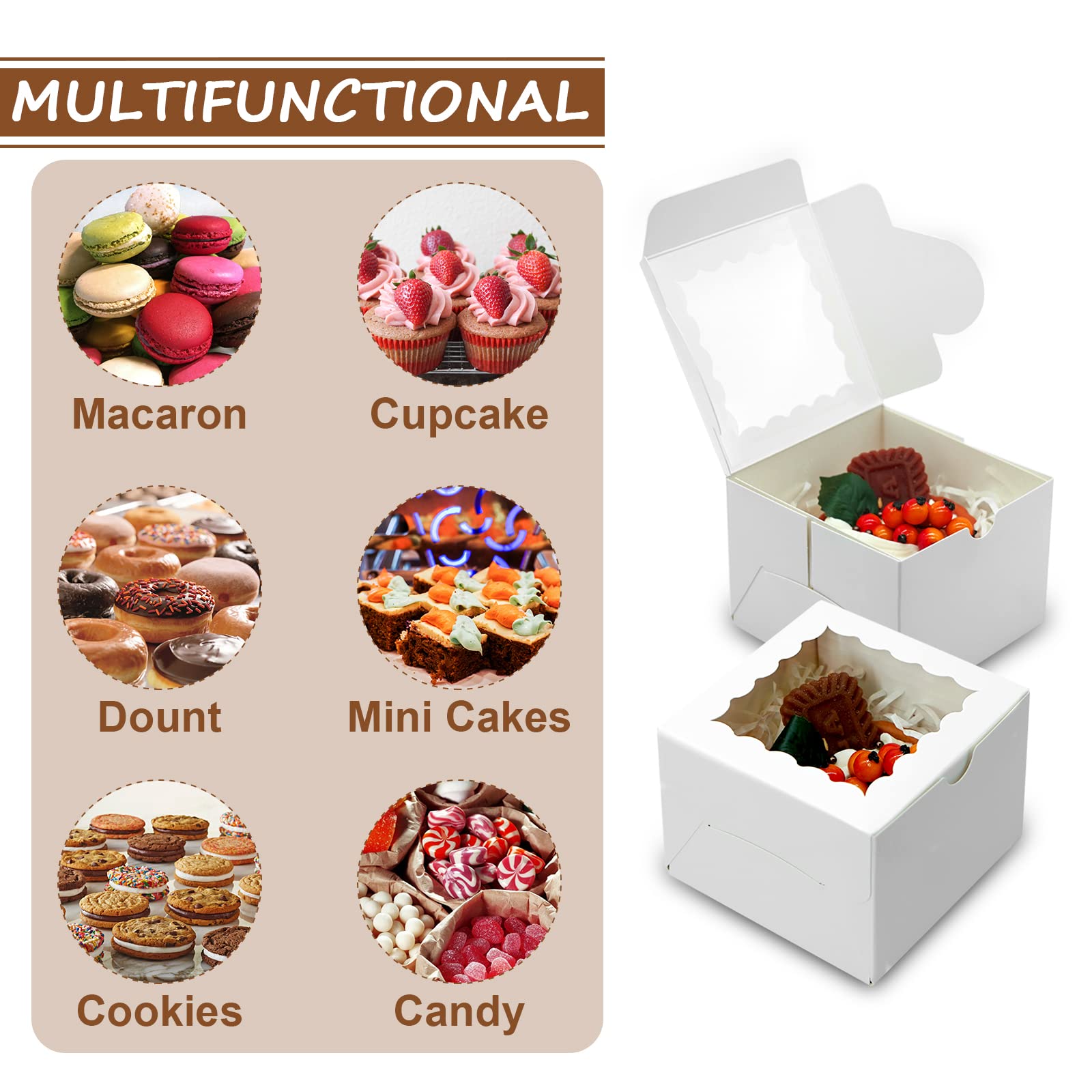 XINHPKGG 50pcs Cookie Boxes 4x4x2.5 Inch Bakery Boxes with Window Treat Box Dessert Box for Wedding Favors Party Mother's Day - White