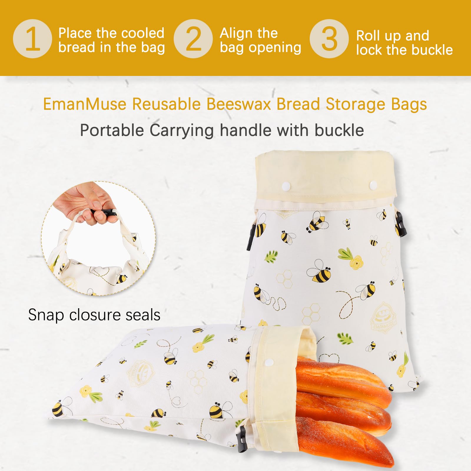 Removable Beeswax Bread Bags for Sourdough & Homemade Bread - Detachable Liner for Easy Cleaning & Drying | 2 Pack XL Reusable | Eco Cotton/Linen Storage