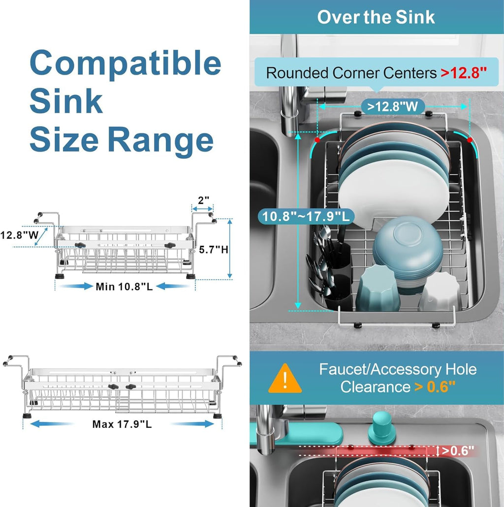 GSlife in Sink Dish Drying Rack - Stainless Steel Capacity Expandable Over The Sink Dish Drainer with Lock Knob and Utensil Holder for Kitchen Sink, 27.4-45.5 L x 32.5 W x 14.5 H cm, Silver
