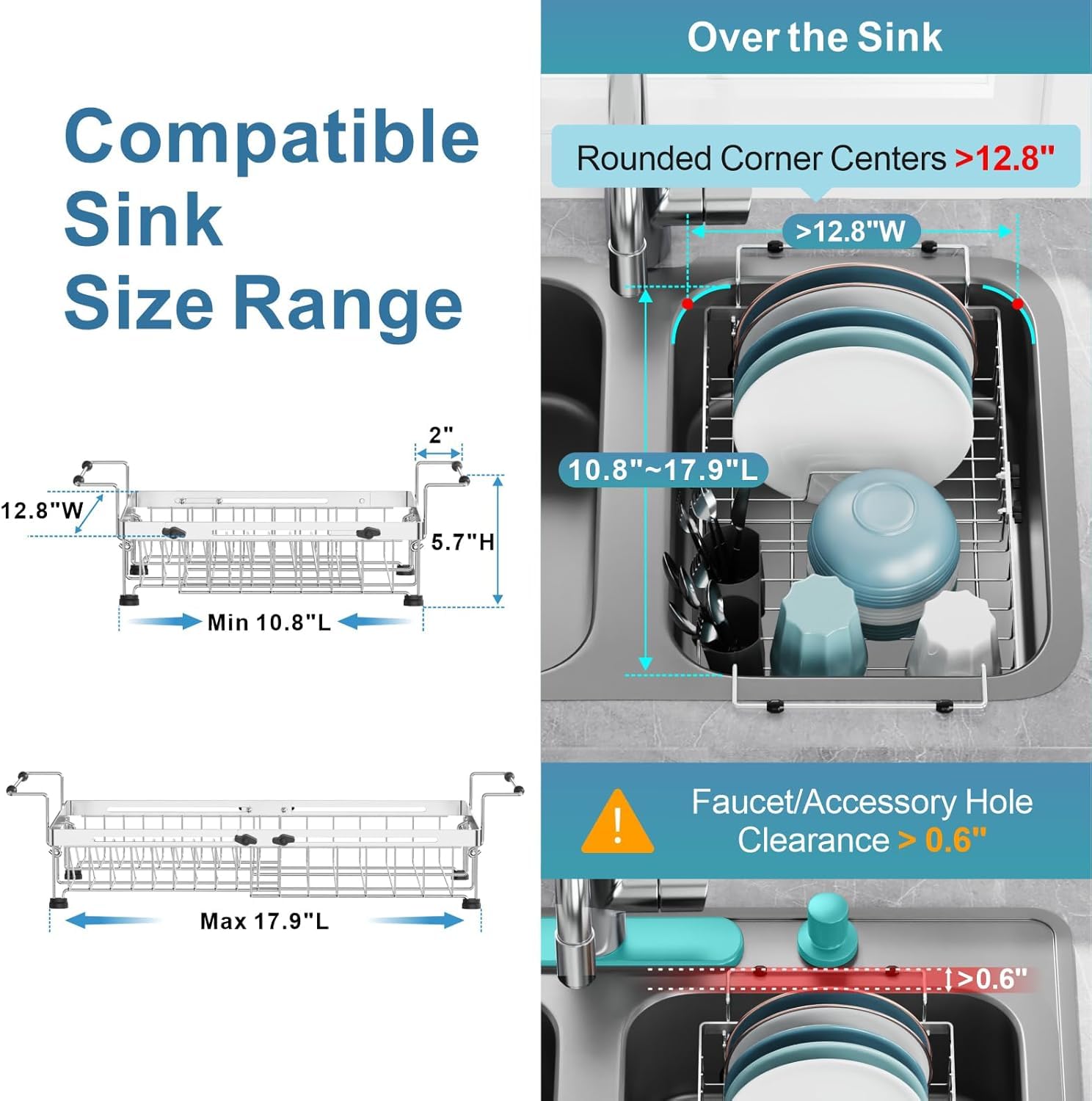 GSlife in Sink Dish Drying Rack - Stainless Steel Capacity Expandable Over The Sink Dish Drainer with Lock Knob and Utensil Holder for Kitchen Sink, 27.4-45.5 L x 32.5 W x 14.5 H cm, Silver