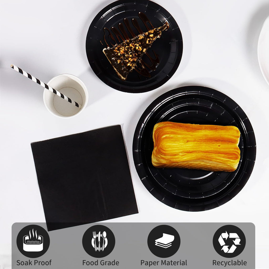 PYAILI 121 Pcs Black Party Tableware Set, Paper Plates Cups Napkins Tablecloth, Dinnerware Set for Kids Adult Birthday,Wedding,Baby Shower Party Tableware