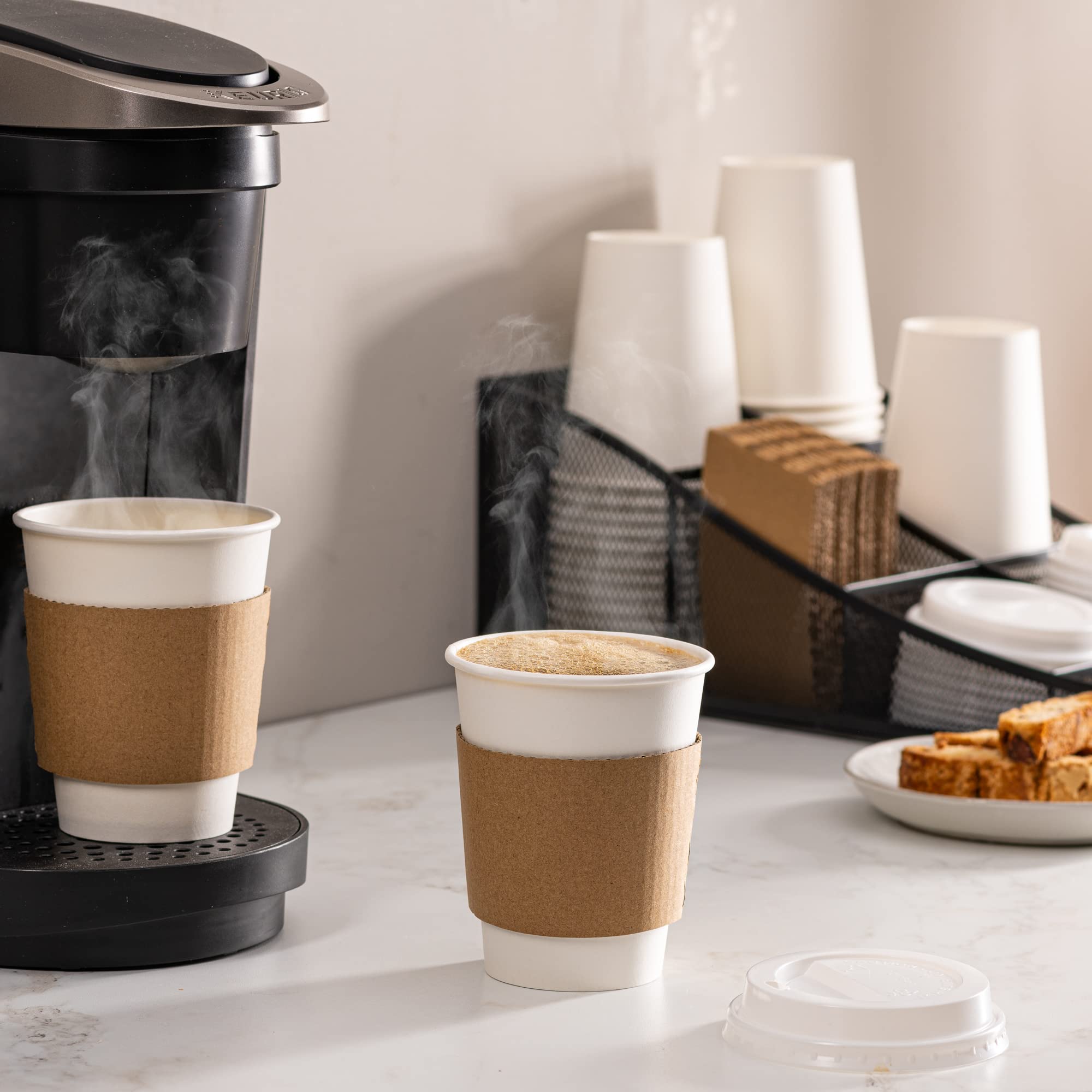 Gusto [50 Sets] 12 oz. Disposable White Paper Coffee Cups with White Lids, Sleeves - to Go Paper Hot Cups- Formerly Comfy Package