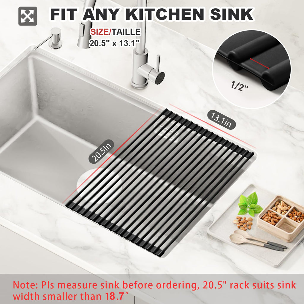 MERRYBOX 20.5" x 13" Roll Up Dish Drying Rack Silicone Wrapped Over The Sink Dish Drying Rack Multipurpose Foldable Sink Drying Mat, Heat-Resistant & Anti-Rust Dish Rack for Kitchen Sink, Large, Black