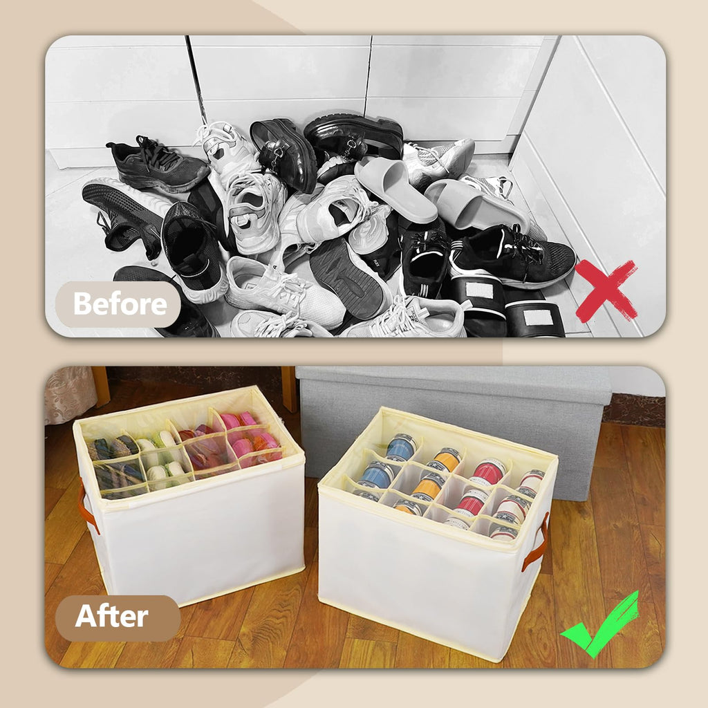 Patinao 3 Pack Shoe Storage Box Organizer for Closet - 24 Cell Space Saver Shoes Containers Bin with Clear Lids Stackable, Can Fit Ottoman, Foldable Shoe Rack Cabinet Cubby for Wardrobe