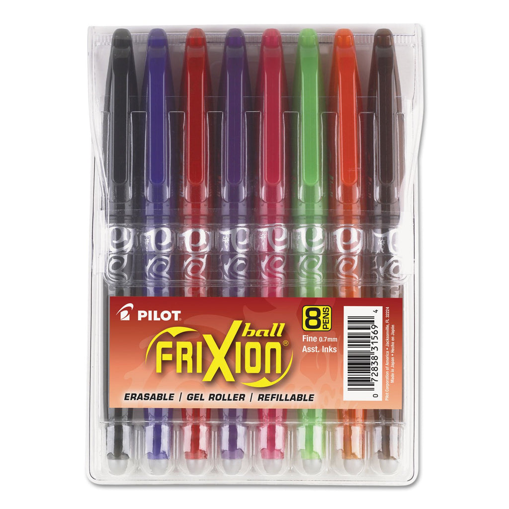 Pilot FriXion Ball Erasable Gel Pens, Fine Point, 8-Pack Pouch, Black/Blue/Red/Pink/Purple/Orange/Lime/Brown Inks -31569
