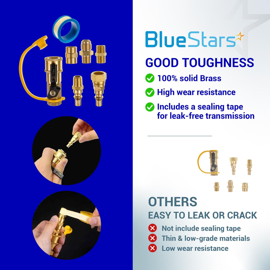 [100% Solid Brass] BlueStars 1/4" RV Propane Quick Connect Fittings Kit - Natural Gas Quick Connect Disconnect Kit, 1/4" Male NPT & 3/8" Male Flare - for Gas Heater Grill Fire Pit, RV Quick Connect