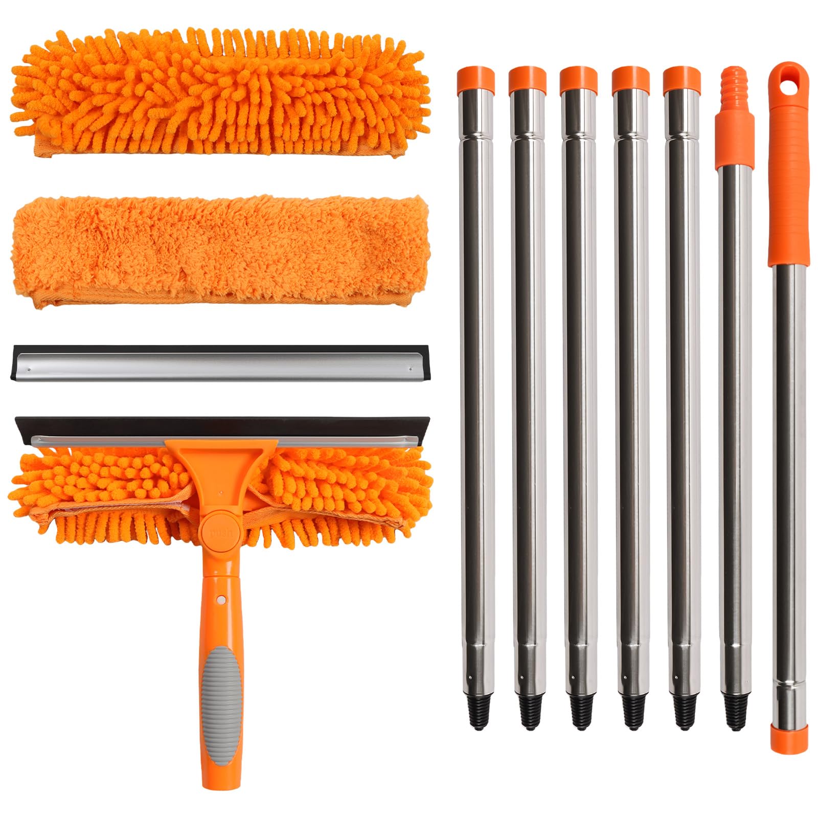 Terafeels 110.23in / 280cm Window Cleaning Tools, 2 Window Squeegees and 3 Cleaning Cloths : 2 in 1 Double-Sided Professional Cleaner with Extension Pole Cleaning Supplies (Orange)
