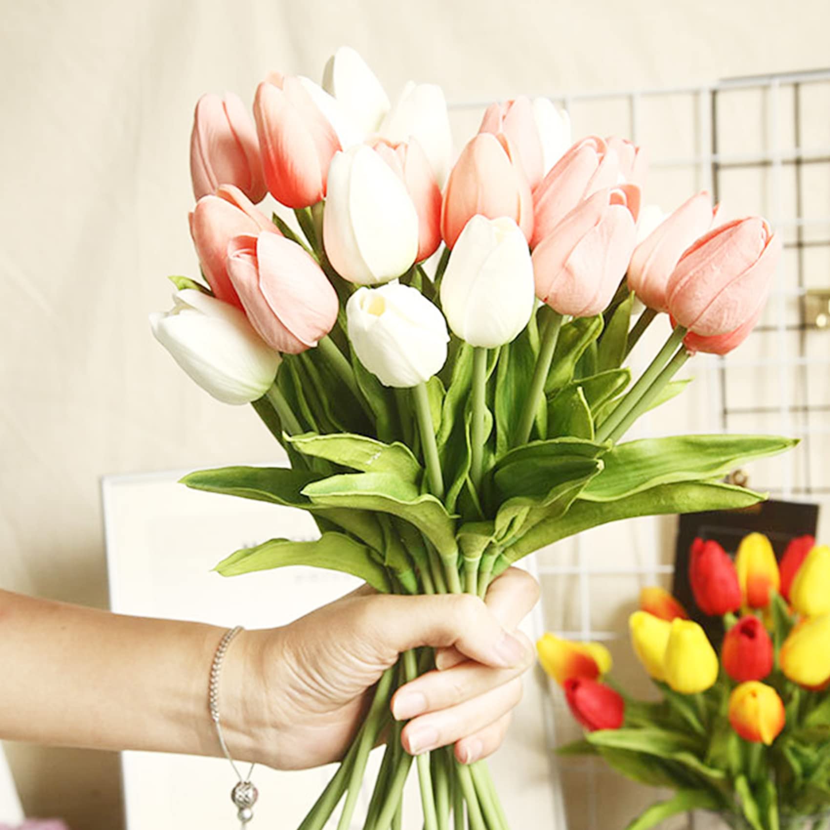 hanlongyu Tulips Artificial Flowers for Table Decor, Fake Artificial Bouquets, Realistic Tulips Flowers Decor for Wedding Party Office Kitchen Home Decor, 10 White & 10 Light Pink