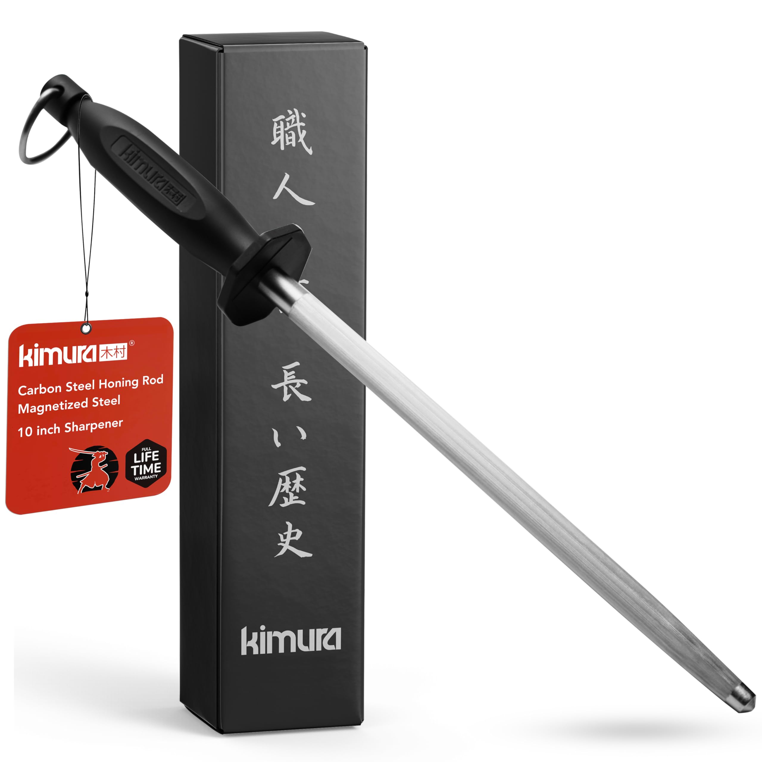 Kimura Professional Honing Steel, 12 inch Honing Rod, Carbon Steel Knife Sharpener, Magnetized Steel, Ergonomic & Balanced Polypropylene Handle, Ideal for All Chef Knives, Japanese Gift Box