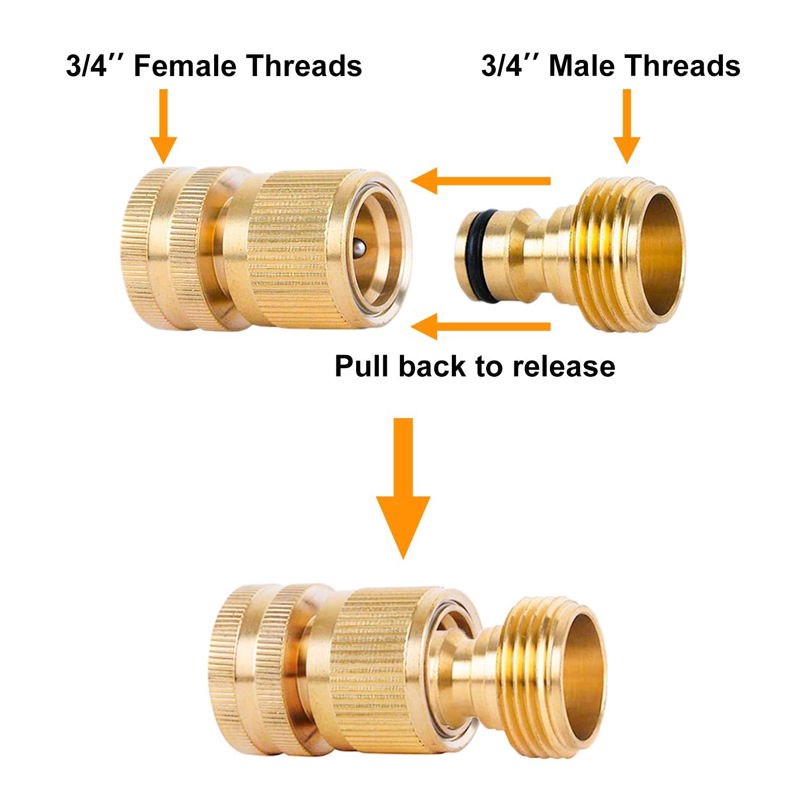 Primachen Garden Hose Quick Connectors Solid Brass 3/4 inch GHT Easy Connect Fittings No-Leak Water Hose Male Female (5 Sets)