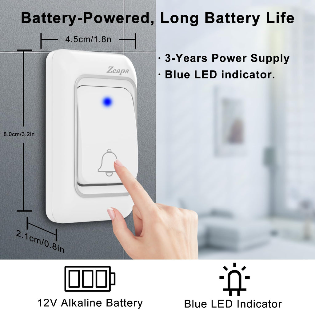 Wireless Doorbells, Plug-in, Battery Powered, Easy to Install, 1300 Ft Range, 60 Chime, LED Flash, Waterproof, Differentiate Various Doors, Silver, 2 Transmitter & 2 Receiver for Home, Office