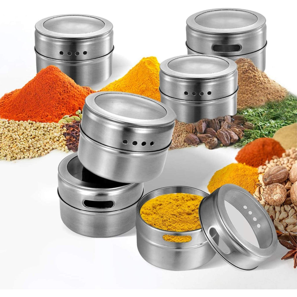 18 Pack Magnetic Spice Jars,Stainless Steel Storage Spice containers Include Labels and Pen,Clear Top Lid with Sift or Pour,Magnetic on Refrigerator and Grill-Easy to Install