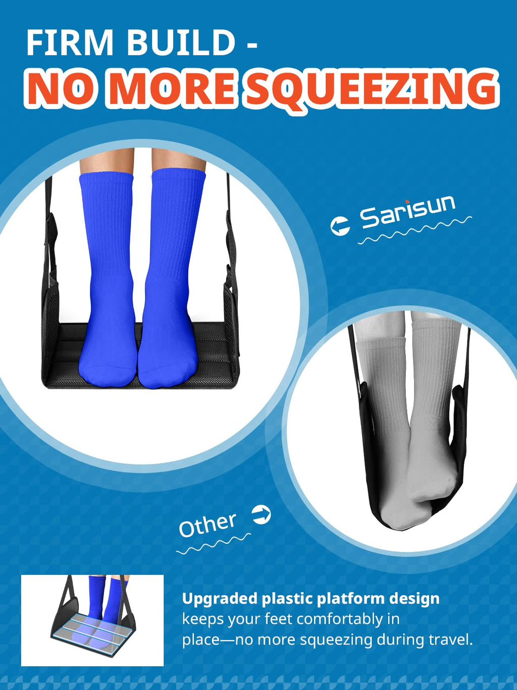 SARISUN 2-Pack Foot Hammock Airplane, No Collapse Foot Rest with Wide PE Board Support, Portable Plane Foot Hammock for Airplane, Under Desk with Adjustable Strap, Carry Bags for Women & Men