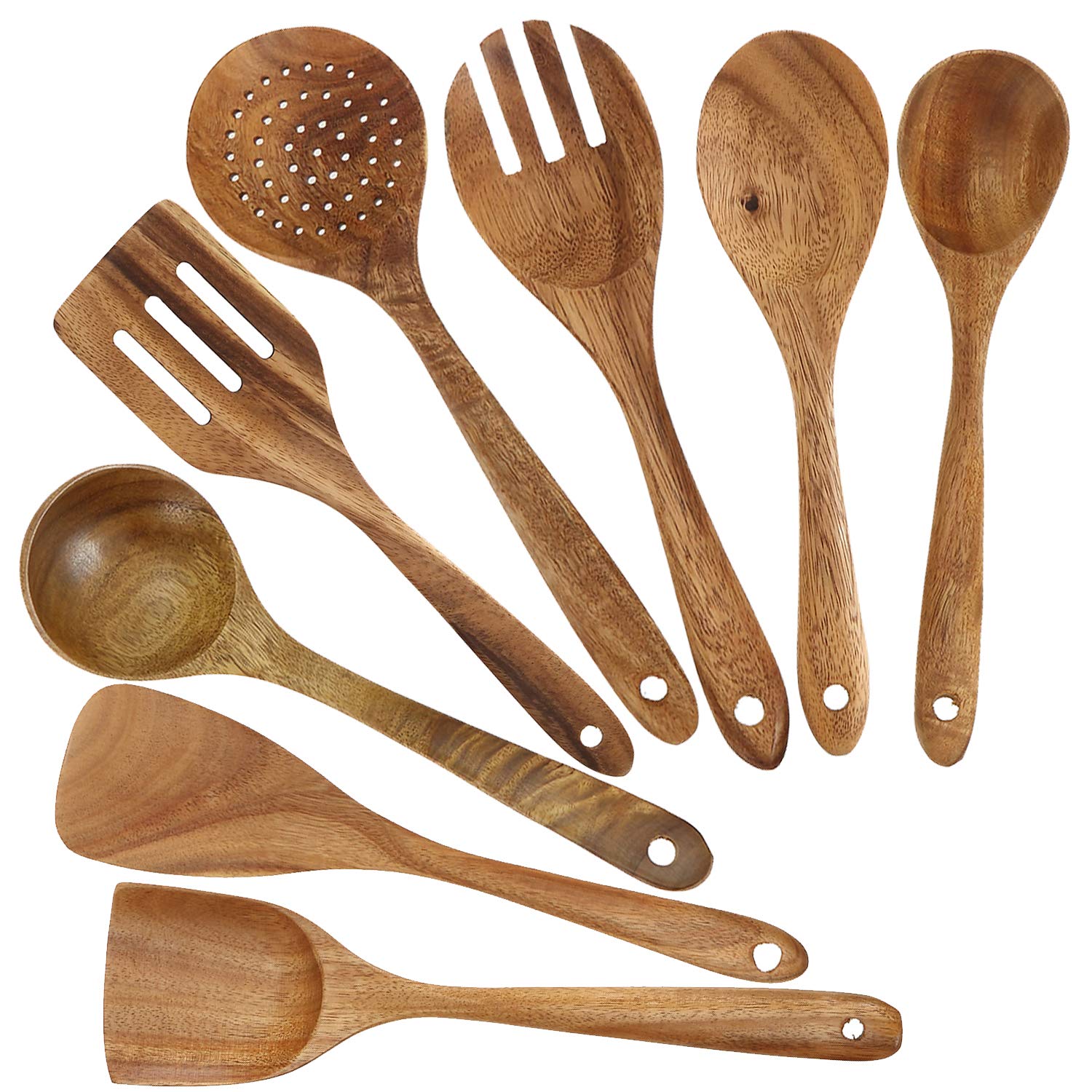Bekith 8 Pack Wooden Spoons for Cooking, Kitchen Utensils Set, Natural Teak Long Wood Spoon and Spatula for High Heat Stirring, Baking, Non Stick Pots and Pans