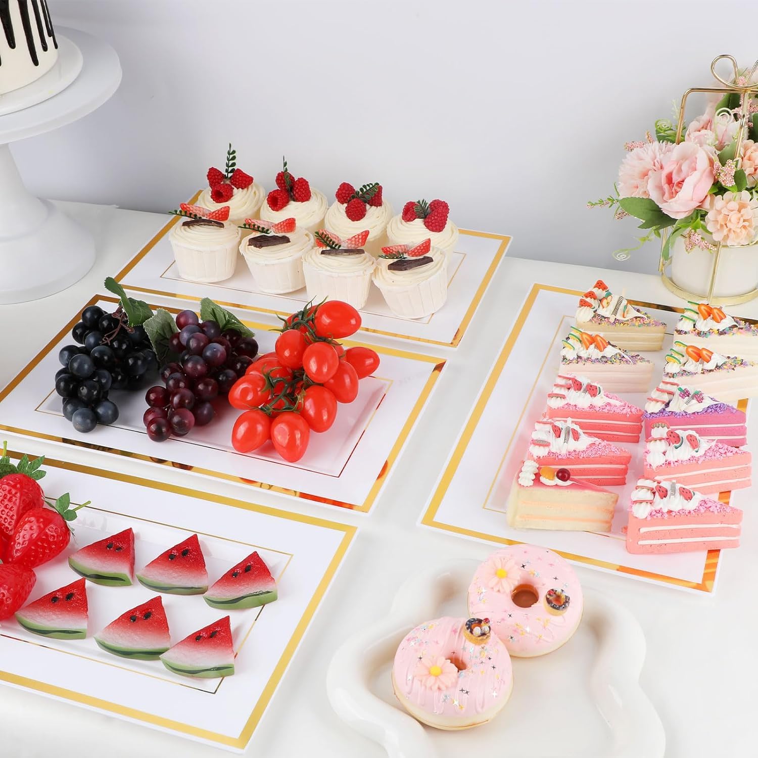 12 Pcs White Plastic Serving Trays with Gold Rim, 14''x9'' Rectangle Dessert Trays for Dessert Table, Disposable Platters Cookie Cupcake Gold Serving Tray for Birthday Party Wedding
