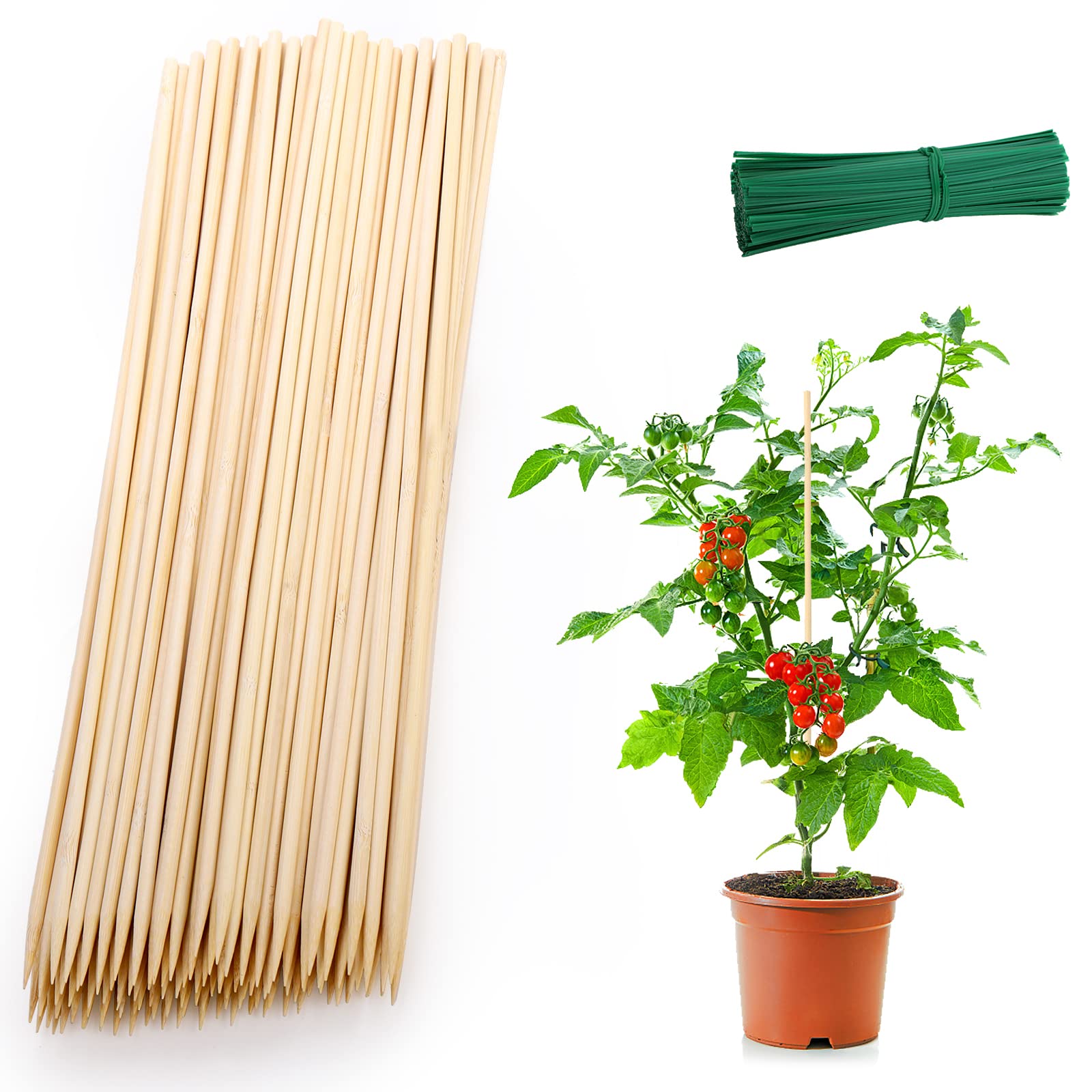 Frcctre 200 Pack 16 Inches Bamboo Plant Stakes, Bamboo Plant Sticks with 200 Pcs 4" Wires, Plants Garden Sticks Wooden Sign Posting Garden Support for Tomatoes, Floral, Potted Plants, Crafts