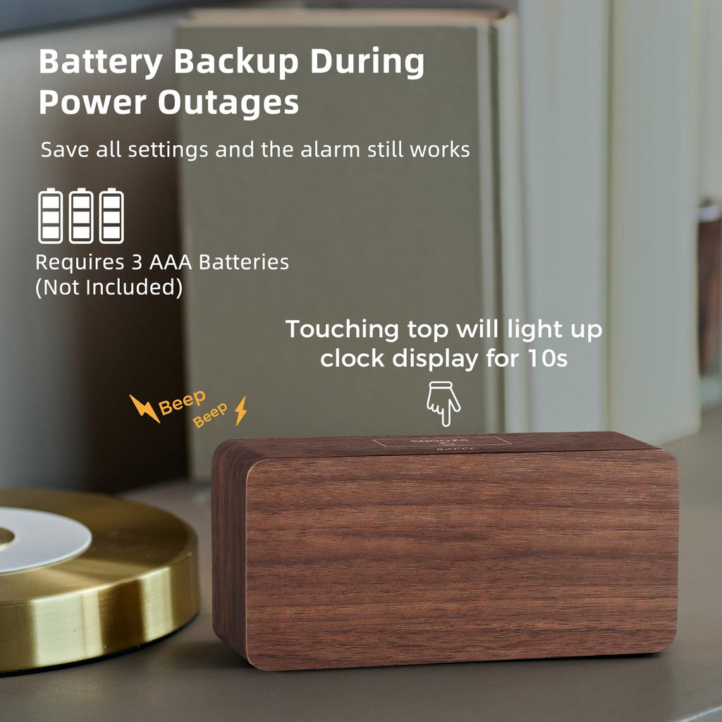 Wooden Digital Alarm Clocks for Bedrooms: Dimmable Dual Alarm Clock with Large Numbers for Bedside Desk - Loud Alarm for Heavy Sleepers with Volume Control - Wood Decor & Gifts
