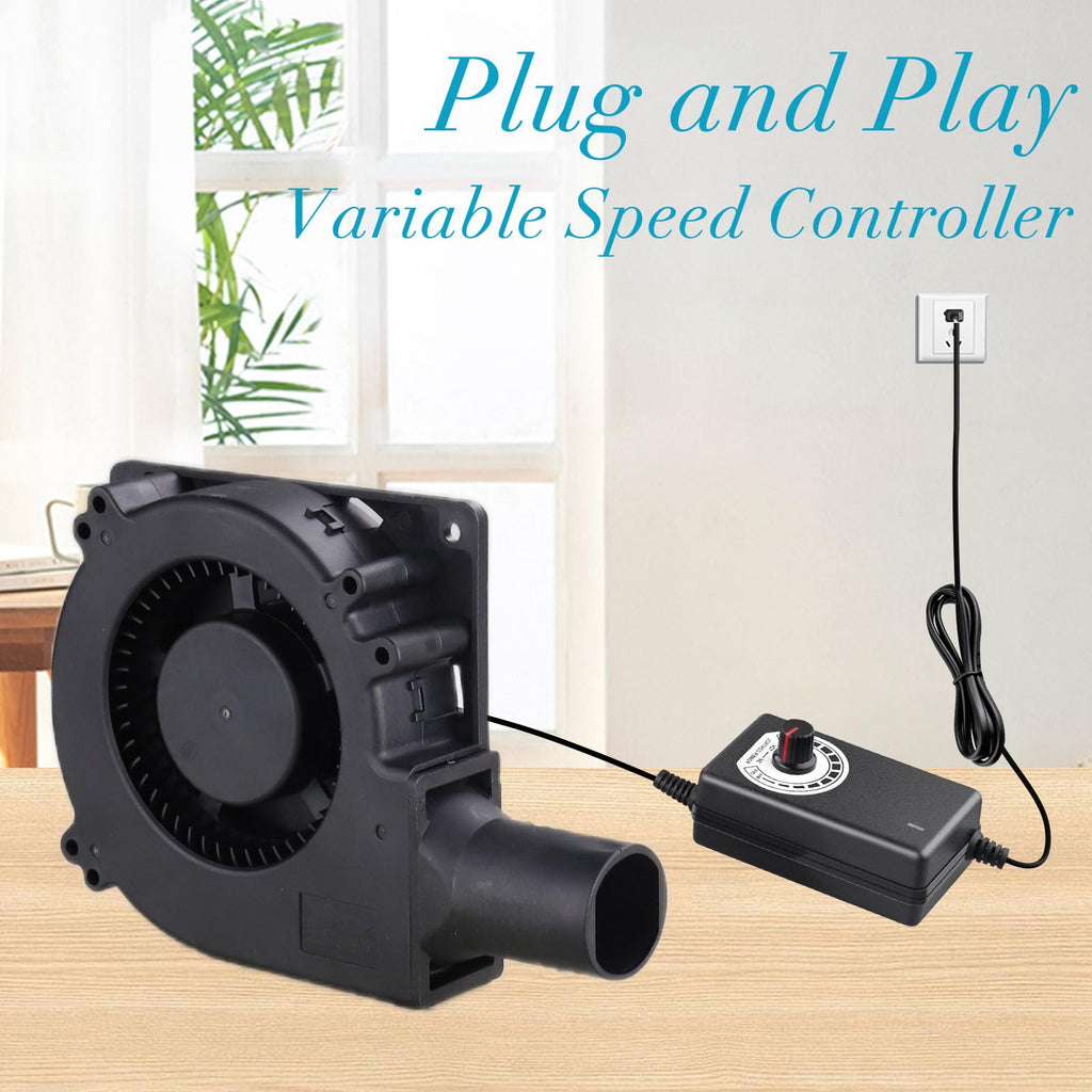 Wathai 120mm x 32mm Dual Ball Blower Fan 12V with 110v - 240v AC Plug Variable Speed Controller - High Velocity Squirrel Cage Fans for DIY Cooling Projects, BBQ, Drum Smoker