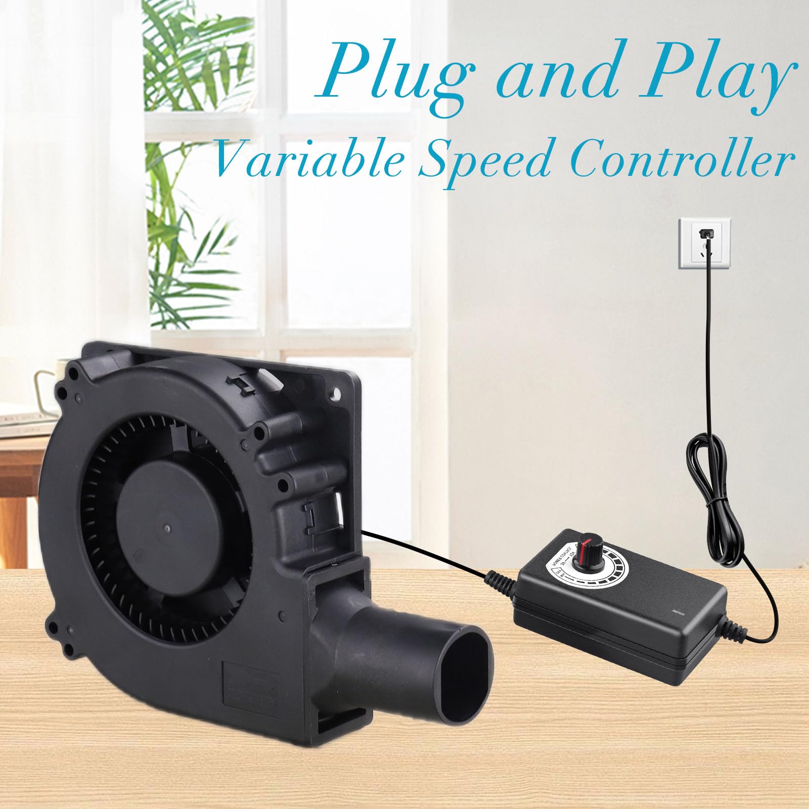 Wathai 120mm x 32mm Dual Ball Blower Fan 12V with 110v - 240v AC Plug Variable Speed Controller - High Velocity Squirrel Cage Fans for DIY Cooling Projects, BBQ, Drum Smoker