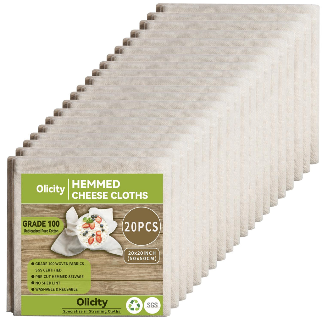 Olicity Cheese Cloth Roll, 20Pack, Grade 100, 20x20Inch Reusable Hemmed Precut Bulk Cheesecloth Roll for Straining, Unbleached Fine Mesh Cotton Filter Cheese Cloths Muslin Cloth for Cooking, Oat Milk