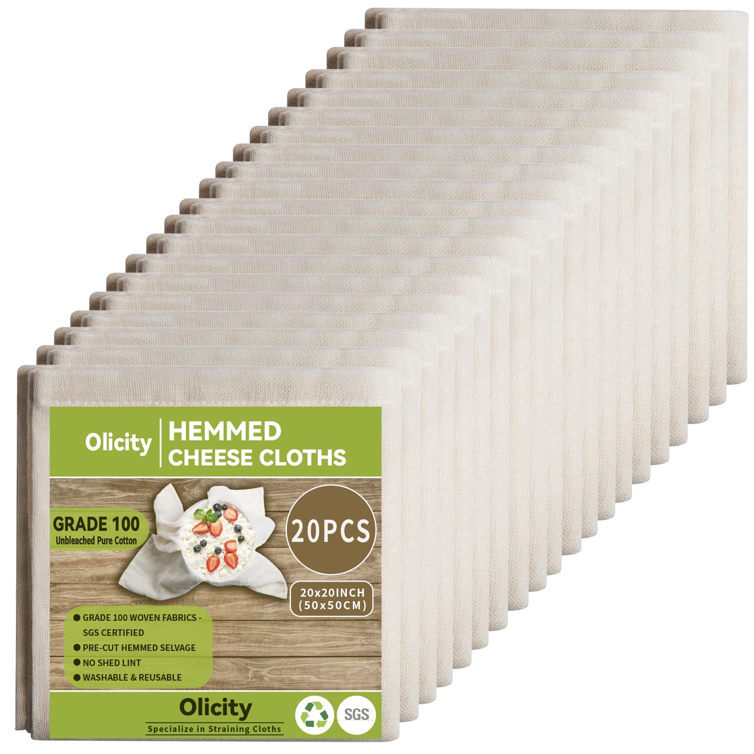 Olicity Cheese Cloth Roll, 20Pack, Grade 100, 20x20Inch Reusable Hemmed Precut Bulk Cheesecloth Roll for Straining, Unbleached Fine Mesh Cotton Filter Cheese Cloths Muslin Cloth for Cooking, Oat Milk