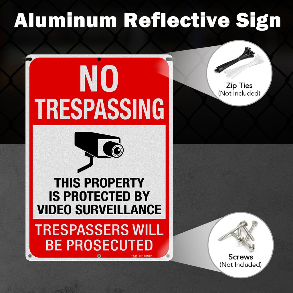 No Trespassing This Property Is Protected By Video Surveillance Trespassers Will Be Prosecuted Metal Reflective Sign - 14 x 10 Inches .040 Aluminum - 6 Pre-Drilled Holes - UV Protected, Waterproof and