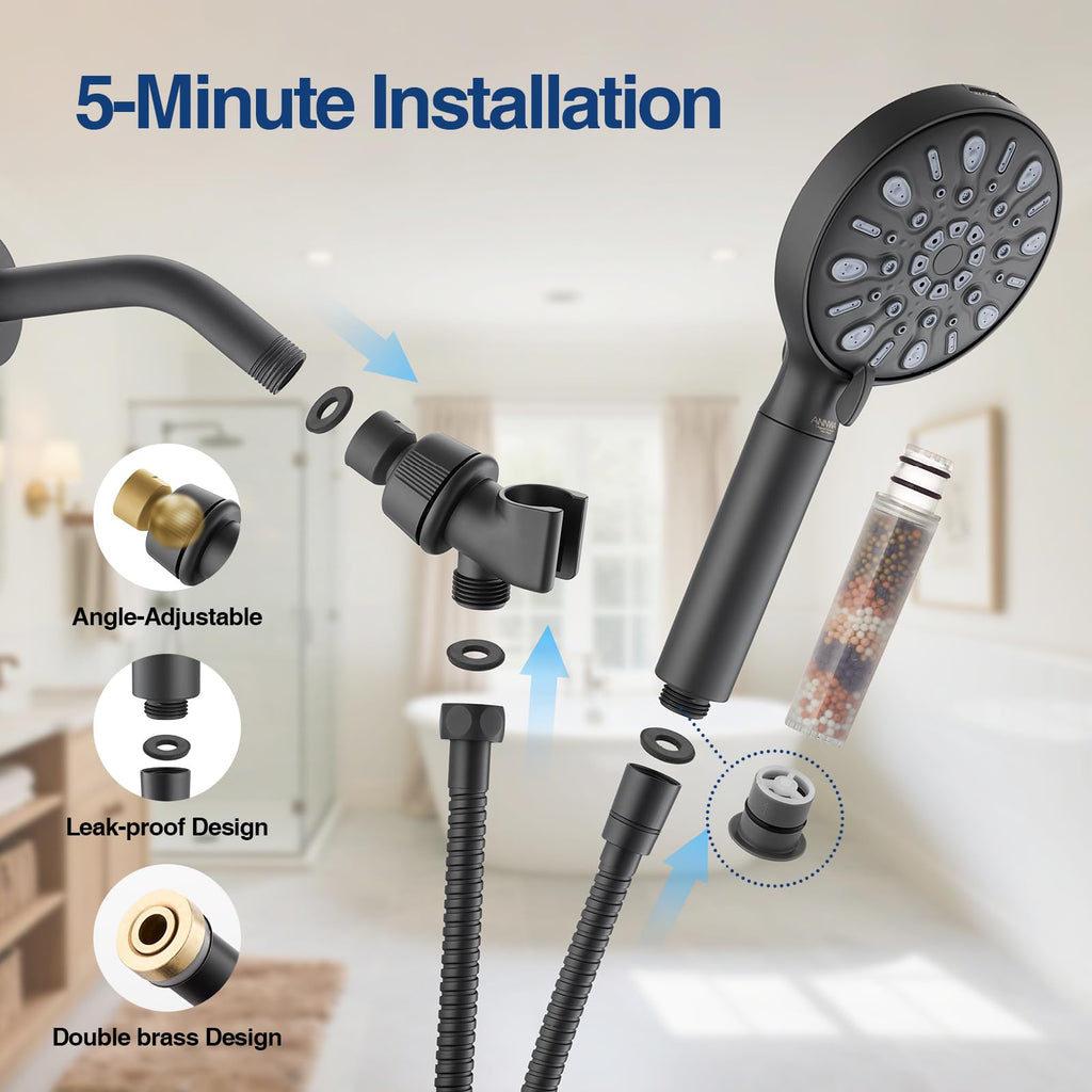 ANNWA Filtered Shower Head with Multi-Spray Modes, High Pressure Handheld Showerhead Filter for Hard Water Filtering Showerhead with Hose(N8HS702MB)