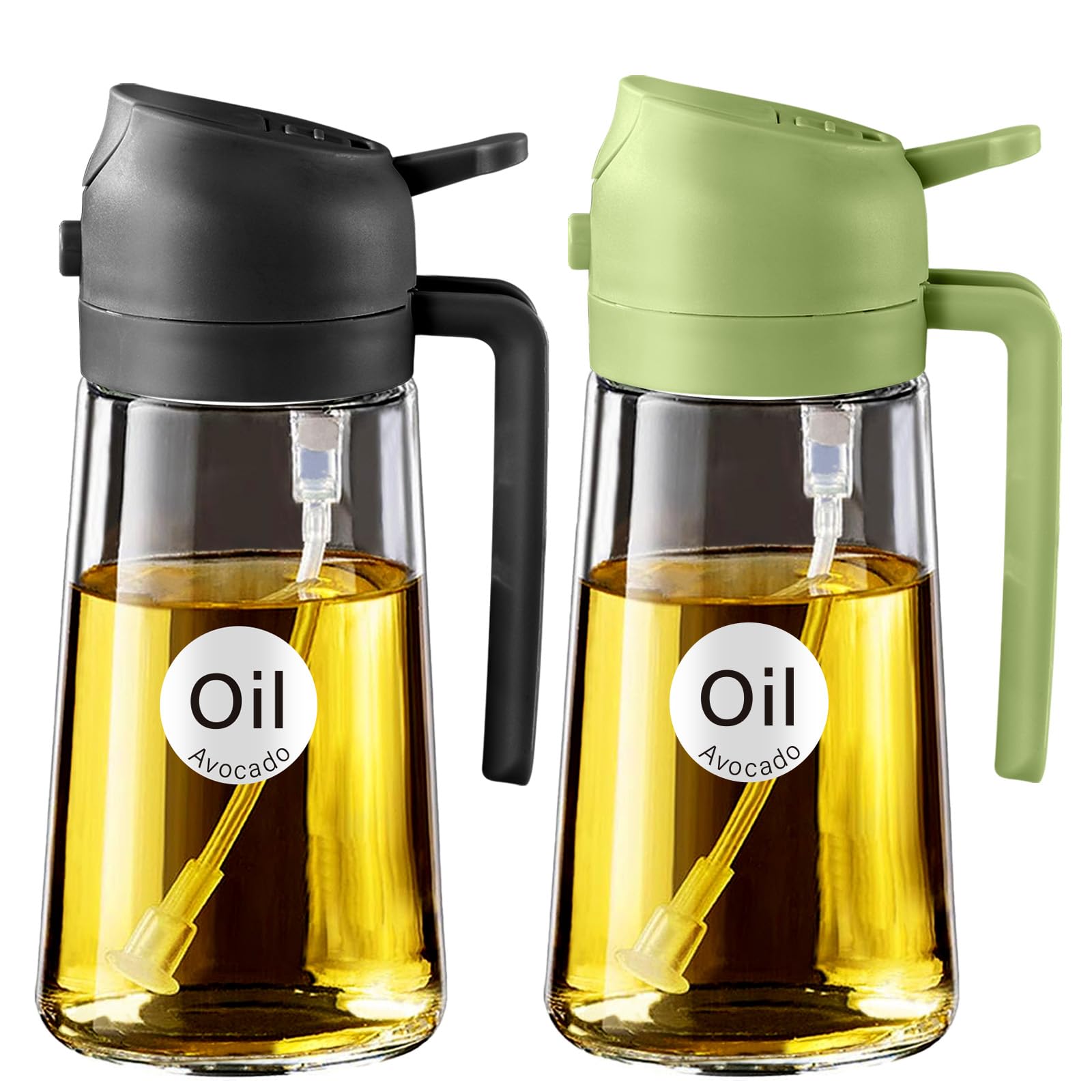 YARRAMATE Olive Oil Dispenser, 2 in 1 Oil Sprayer for Cooking, 16oz/470ml Glass Oil Spray Bottle with Pourer, Food-grade Dispenser for Kitchen, Salad, Frying, BBQ (Black & Green)