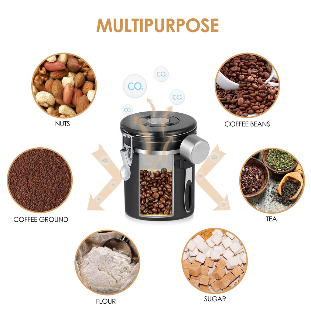 Pitmoly Airtight Coffee Canister with CO2 Valve,16OZ Food Storage Container, 1.5L Stainless Steel Coffee Storage Jar with Date Tracker and Measuring Scoop for Coffee Beans, Grounds, Sugar and Flour