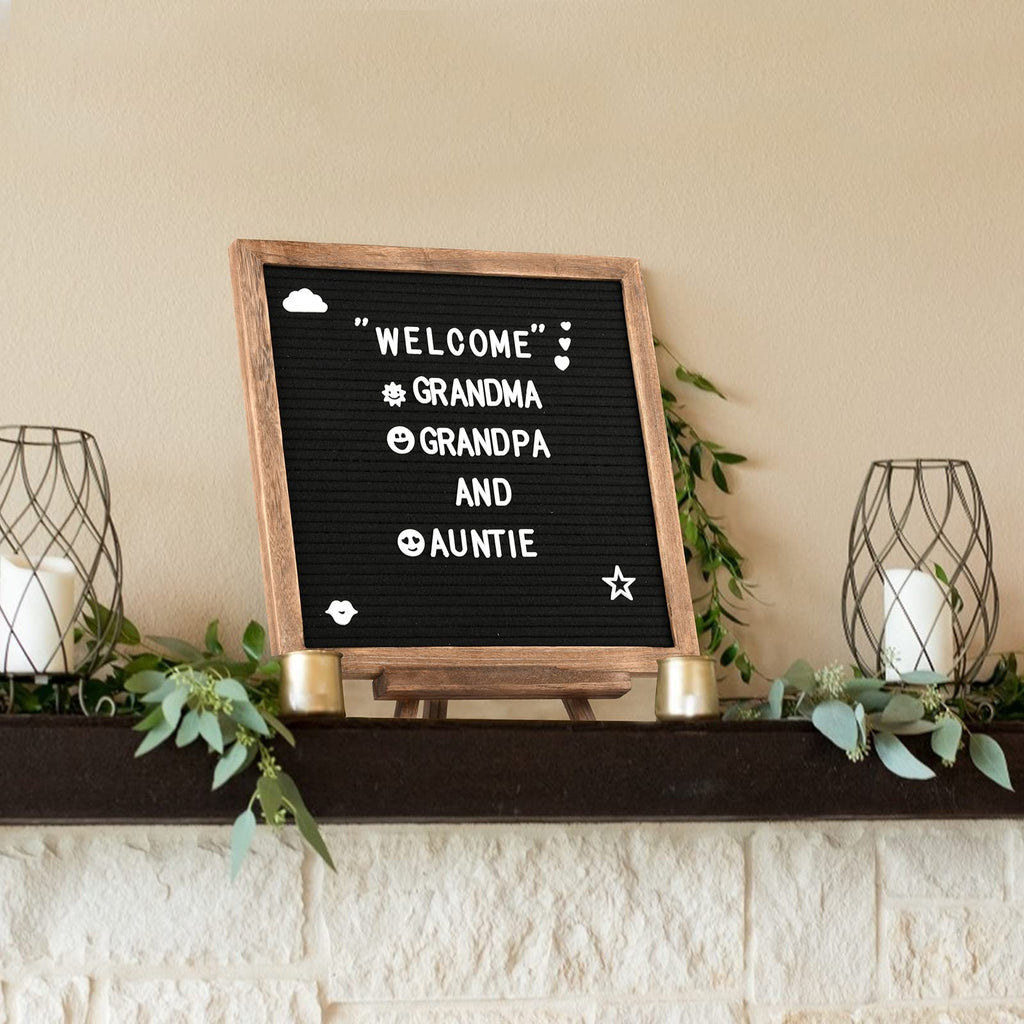 Felt Letter Board with Rustic Frame and Stand 12x12 inch,Changeable Letter and Message Board Include 470 Precut Letters,Number,Symbol,Hook to Hang,2 Canvas Bags