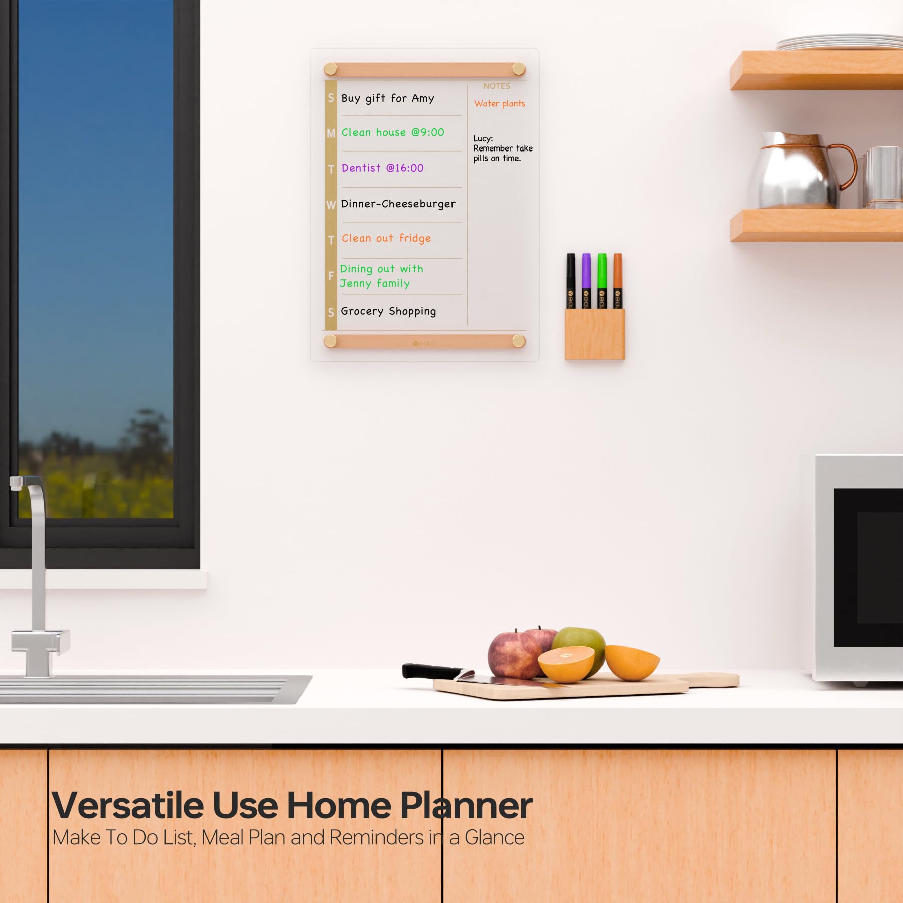 Clear Gold Glass Weekly Dry Erase Calendar Whiteboard with Wood Decoration for Wall, Menu & Meal Planner White Board for Home Kitchen, 15x11, Wood Marker Holder and 4 Markers Included, Yeoux