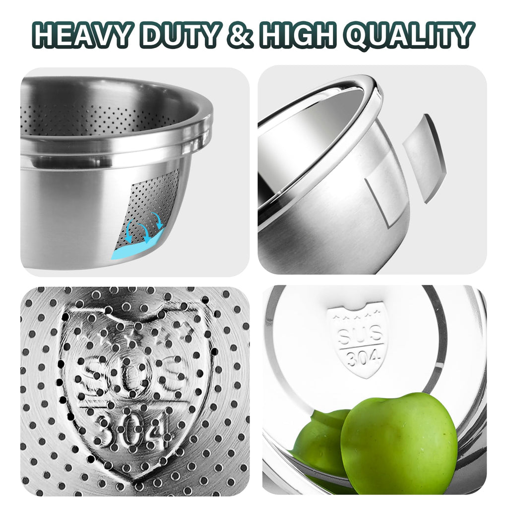 POPGRADE 304 Stainless Steel Colander Rice Washing Bowl Set, 3.5 QT Colanders & Food Strainers, Rice Strainer Washer Fruit Cleaner Bowl, Vegetable Fruit Washing Colander with Salad Mixing Bowl (2pcs)