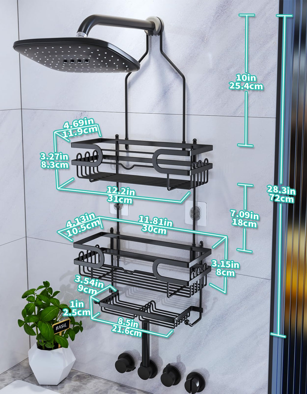 HapiRm Shower Caddy Hanging No Drilling, 3 Tier Over Head Shower Shelves, Shower Organizer Hanging with 2 Soap Holder & 12 Hooks, Bathroom Shelf for Shampoo, Soap, 12.6 x 4.7 x 28.3in