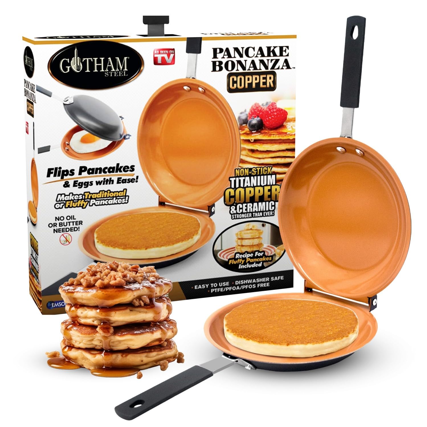 Gotham Steel Pancake Bonanza Pancake Maker, 2-Sided Nonstick Pancake Pan, Crepe Maker, Egg Pan, for Perfect Pancakes Eggs Crepes, Long Lasting Nonstick, Even Heating, Dishwasher Safe, 100% Toxin Free
