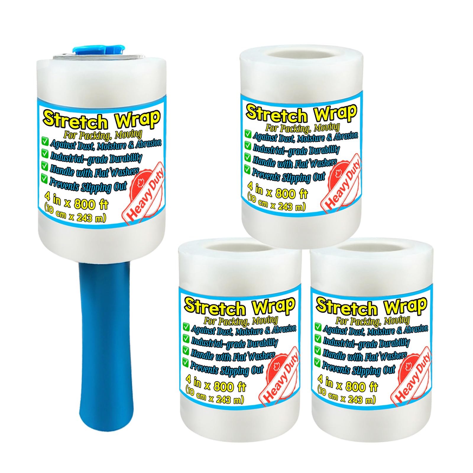 Anti-Slip Handhold Stretch Wrap Film - 4 Pack, 4in x 800ft, 60 Gauge, with Lock Washers & Handle, Non-Slipping Out Plastic Wrap for Moving, Packing Supplies, Furniture Protection, Industrial